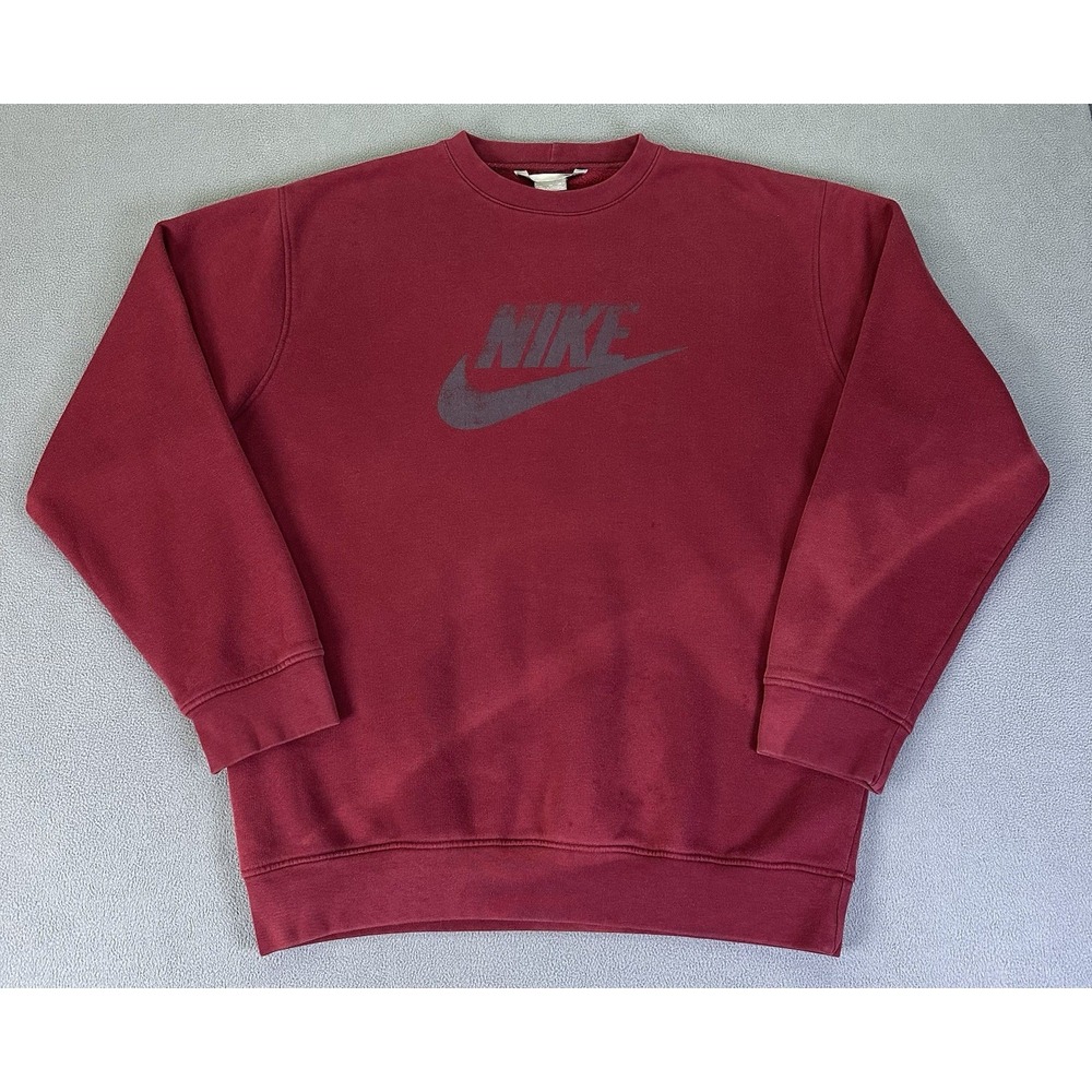 Nike Sweatshirt XL Maroon Red Distressed Faded Center Swoosh Grey Tag Y2K Baggy